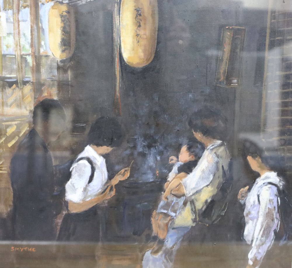 Smythe (20th C.), oil on canvas laid on board, Chinese interior with figures around a brazier, signed, 48 x 48cm